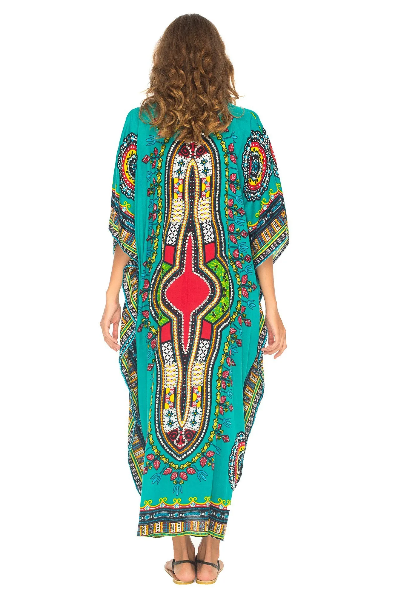 SHU-SHI Women's Ethnic V-Neck Kaftan Maxi Dress - Long Loose Casual Dashiki Beach Cover-Up with Sequins