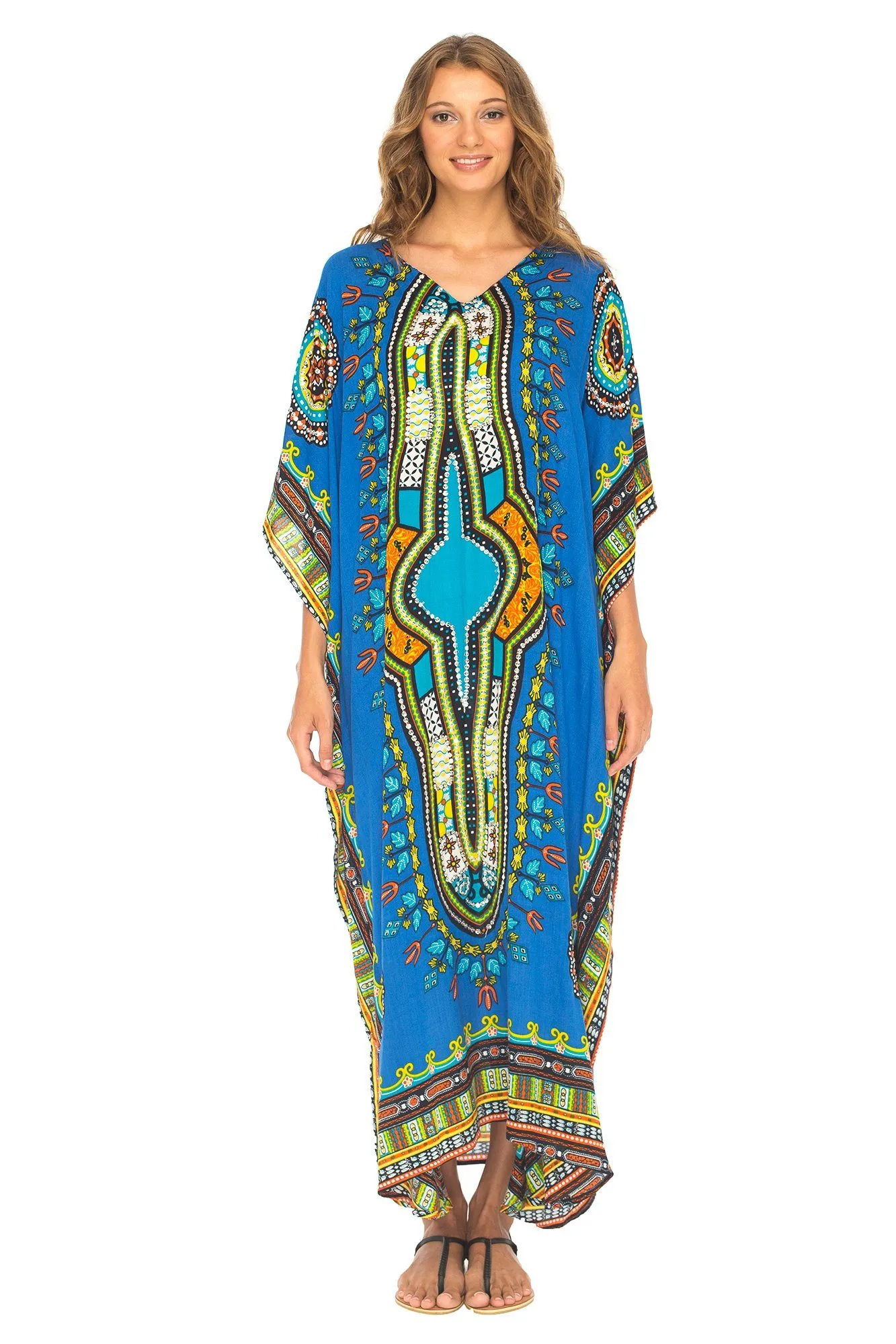 SHU-SHI Women's Ethnic V-Neck Kaftan Maxi Dress - Long Loose Casual Dashiki Beach Cover-Up with Sequins