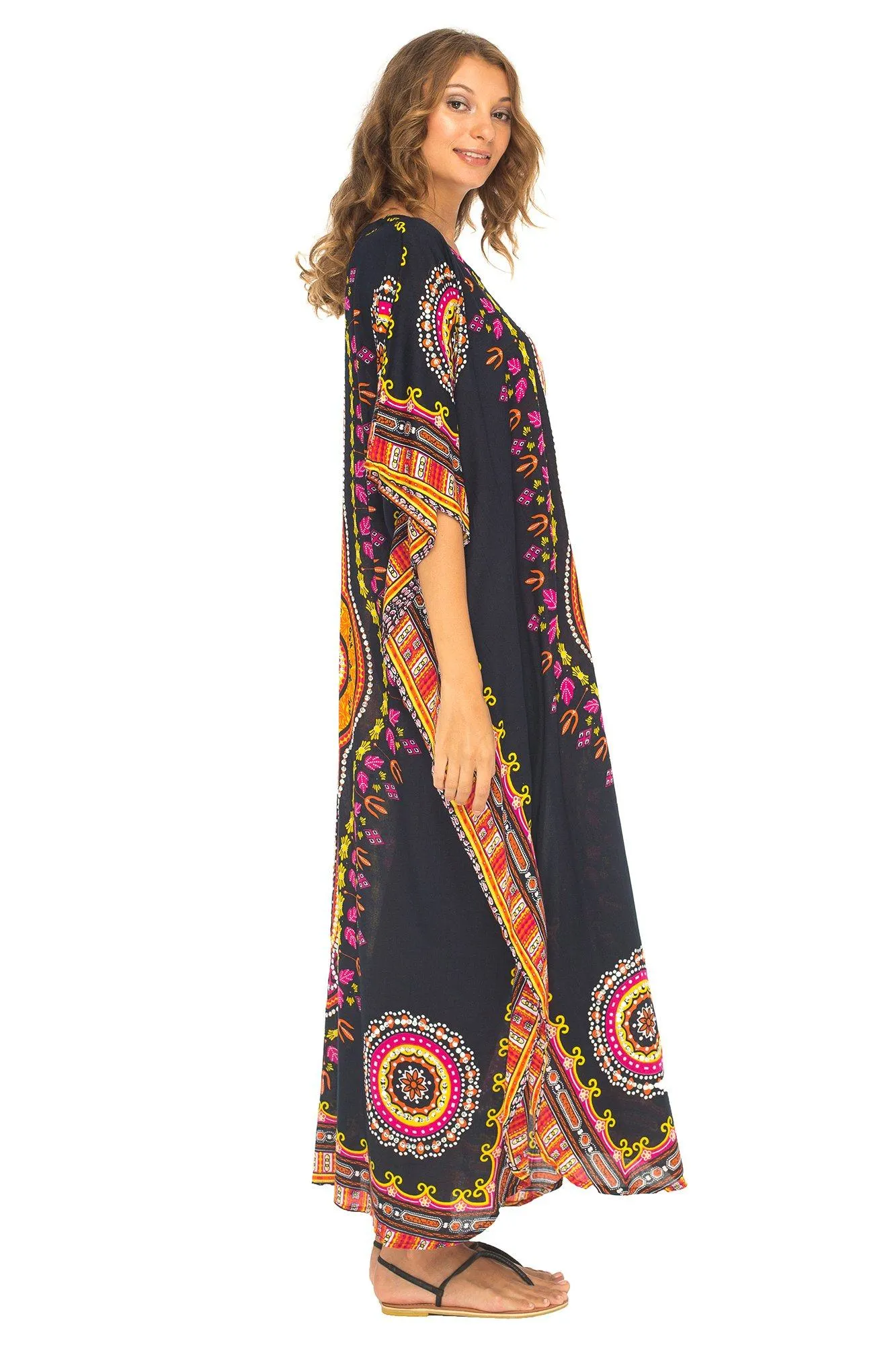 SHU-SHI Women's Ethnic V-Neck Kaftan Maxi Dress - Long Loose Casual Dashiki Beach Cover-Up with Sequins