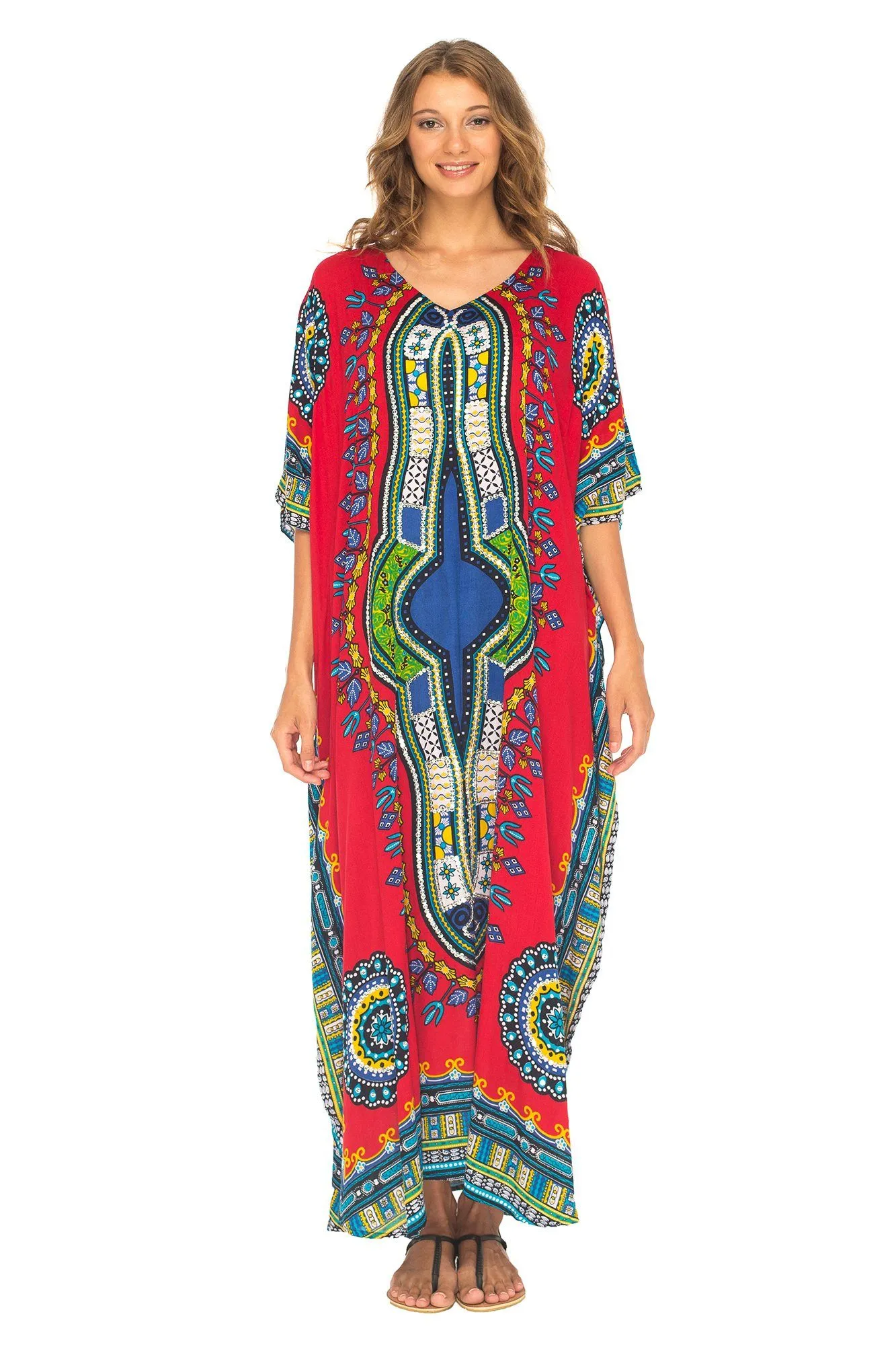 SHU-SHI Women's Ethnic V-Neck Kaftan Maxi Dress - Long Loose Casual Dashiki Beach Cover-Up with Sequins