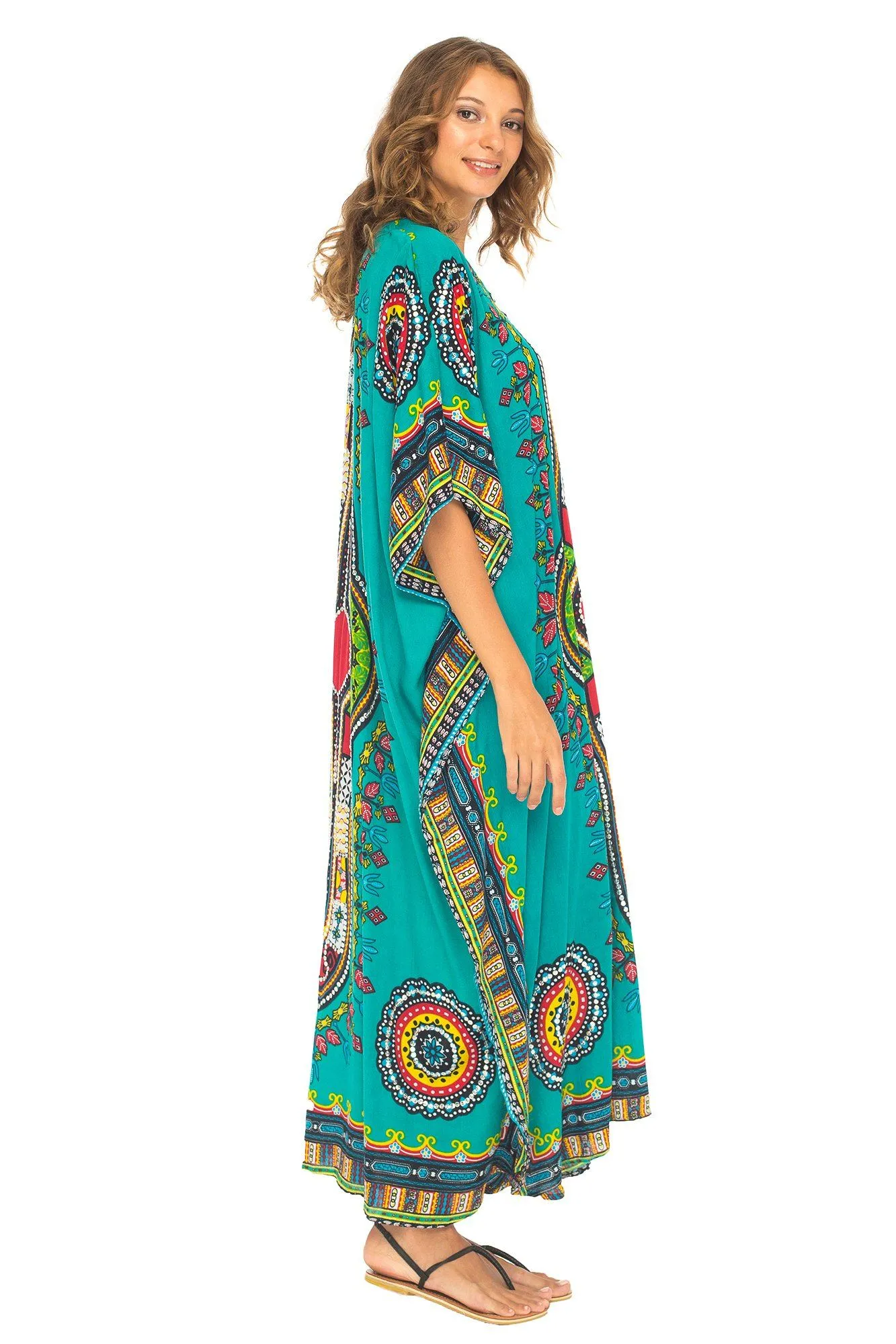 SHU-SHI Women's Ethnic V-Neck Kaftan Maxi Dress - Long Loose Casual Dashiki Beach Cover-Up with Sequins