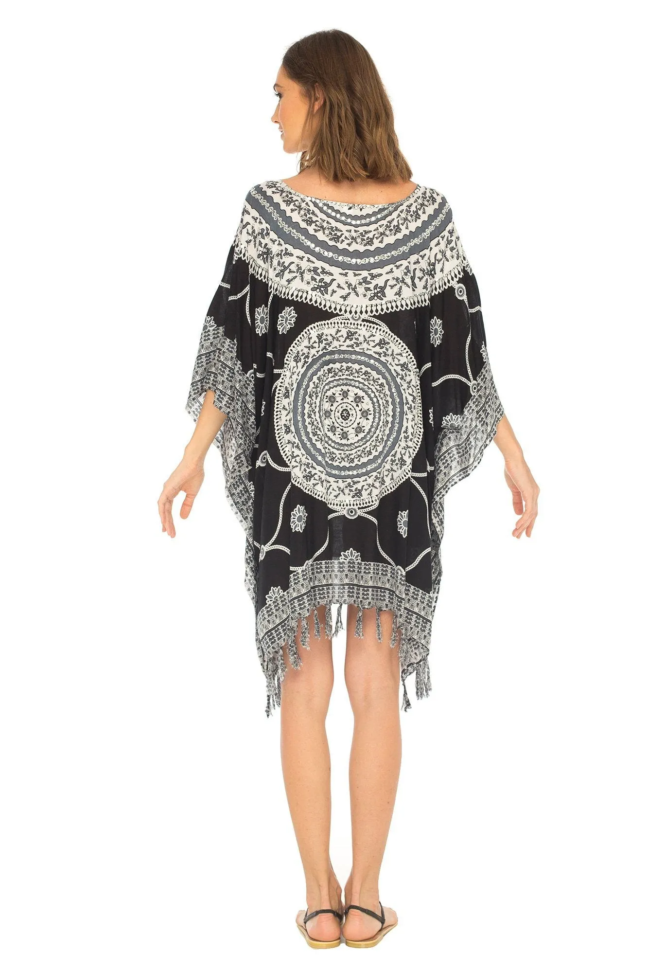 SHU-SHI Women's Short Poncho Beach Dress - Ethnic Mandala Cover-Up Kaftan with V-Neck and Sequins