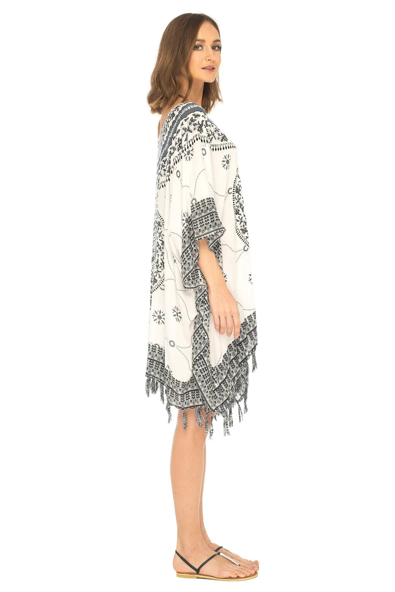 SHU-SHI Women's Short Poncho Beach Dress - Ethnic Mandala Cover-Up Kaftan with V-Neck and Sequins