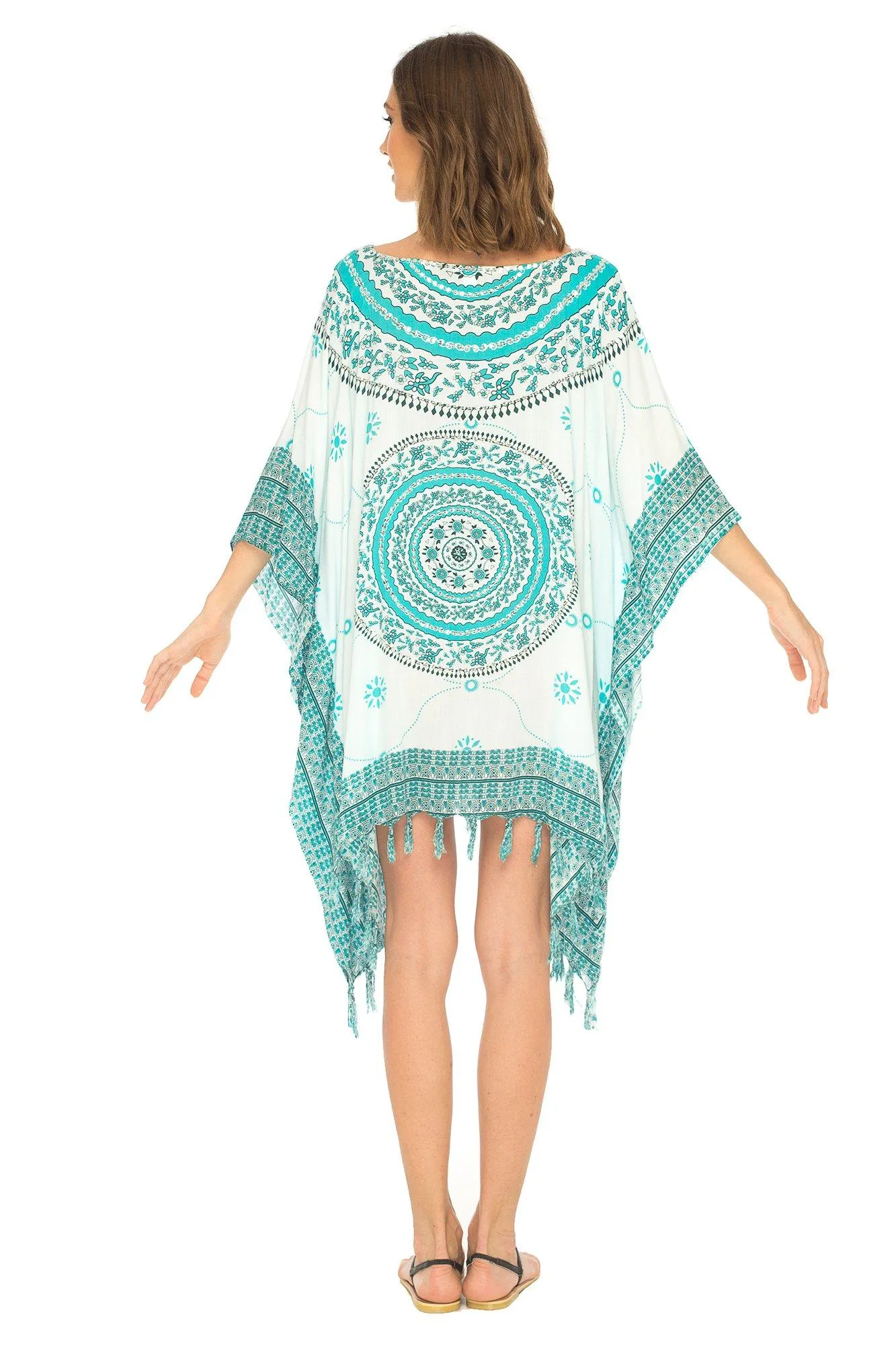 SHU-SHI Women's Short Poncho Beach Dress - Ethnic Mandala Cover-Up Kaftan with V-Neck and Sequins