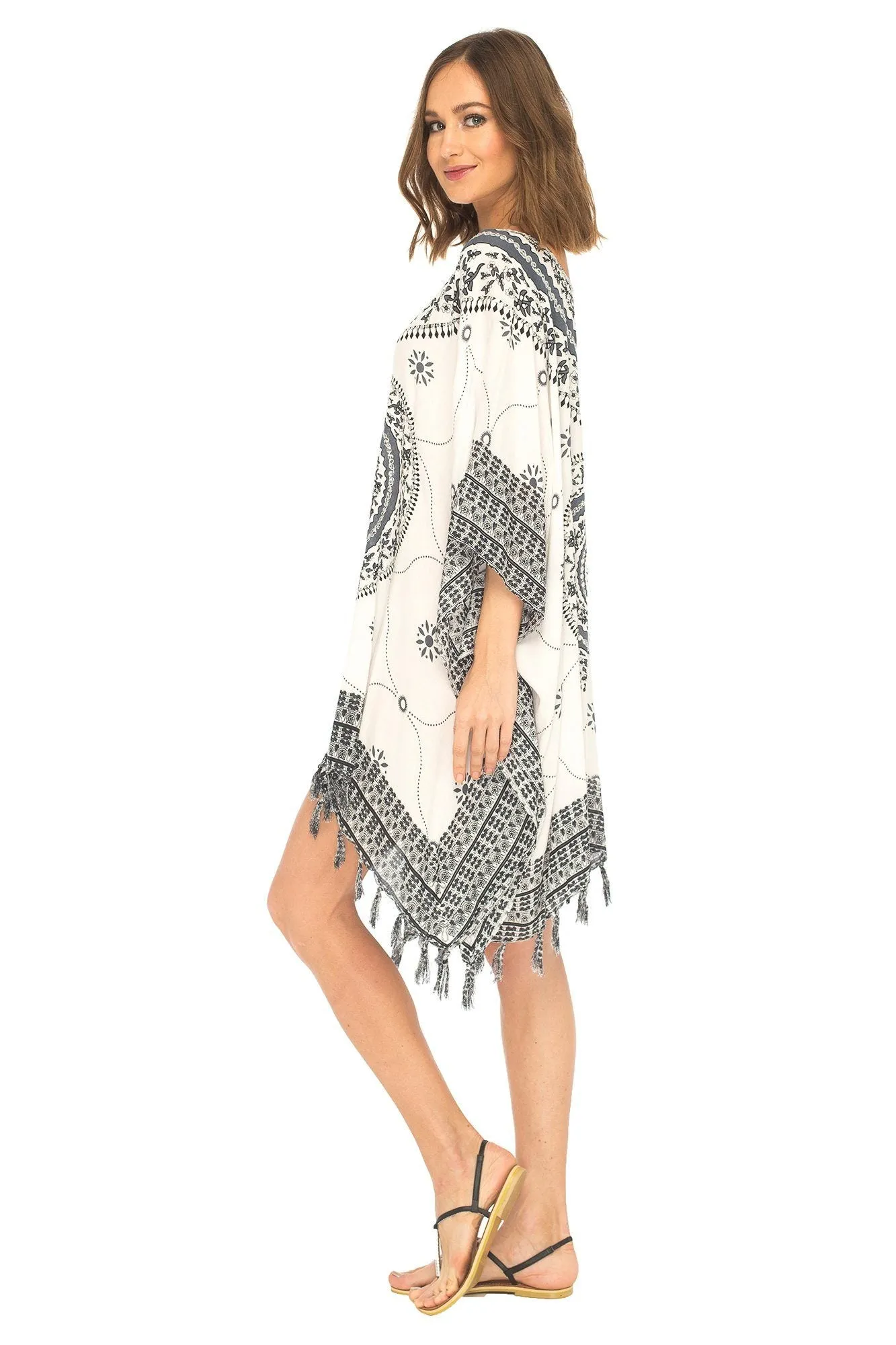 SHU-SHI Women's Short Poncho Beach Dress - Ethnic Mandala Cover-Up Kaftan with V-Neck and Sequins