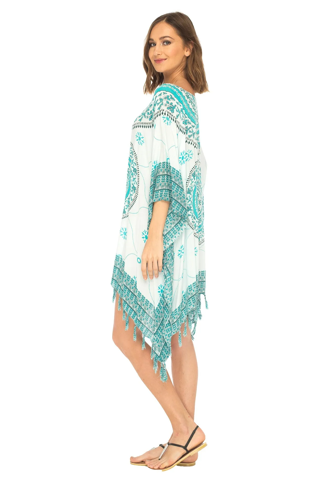 SHU-SHI Women's Short Poncho Beach Dress - Ethnic Mandala Cover-Up Kaftan with V-Neck and Sequins