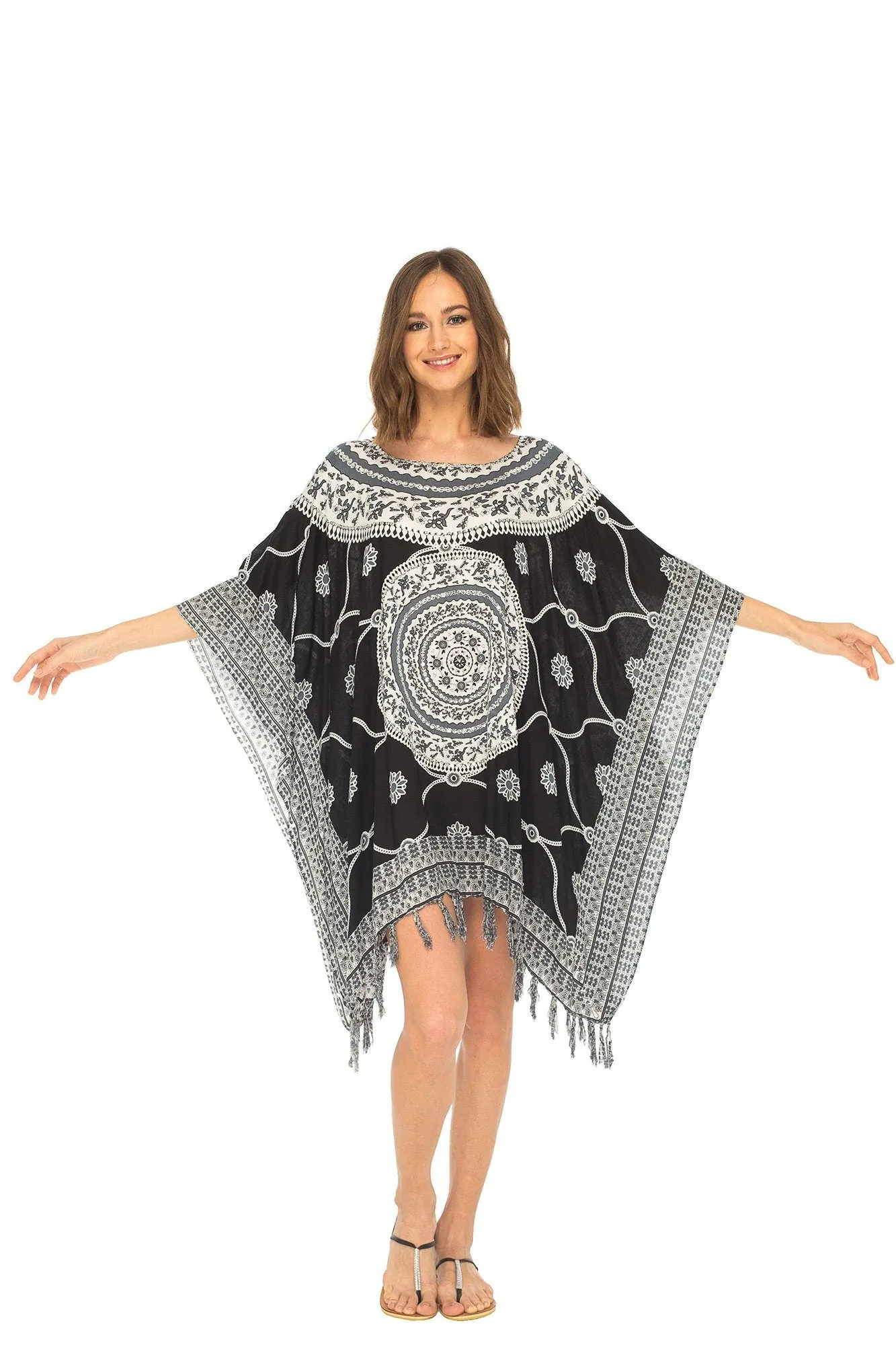 SHU-SHI Women's Short Poncho Beach Dress - Ethnic Mandala Cover-Up Kaftan with V-Neck and Sequins