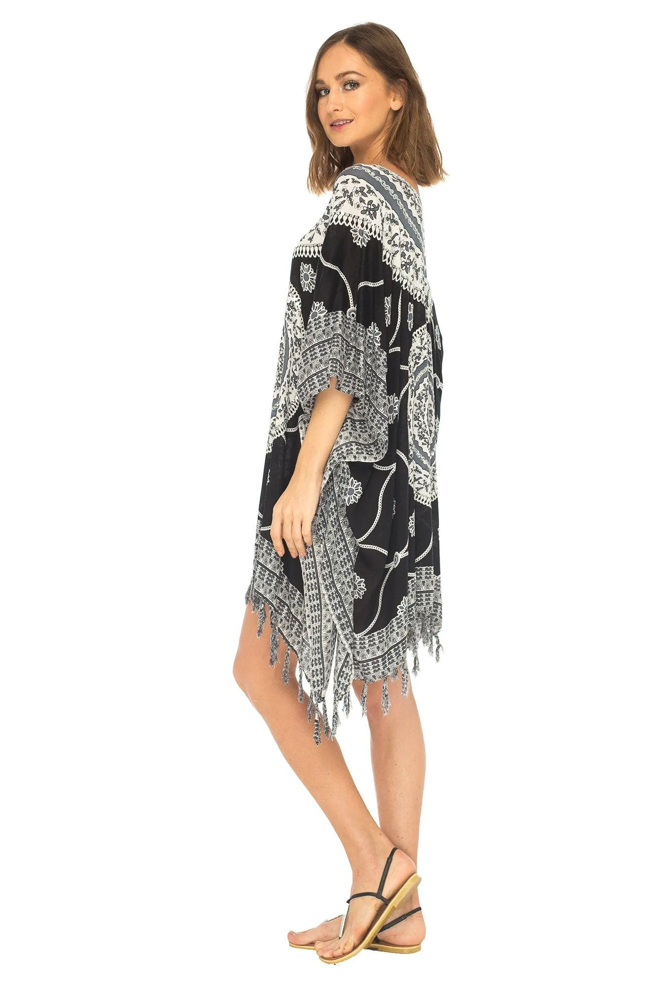 SHU-SHI Women's Short Poncho Beach Dress - Ethnic Mandala Cover-Up Kaftan with V-Neck and Sequins