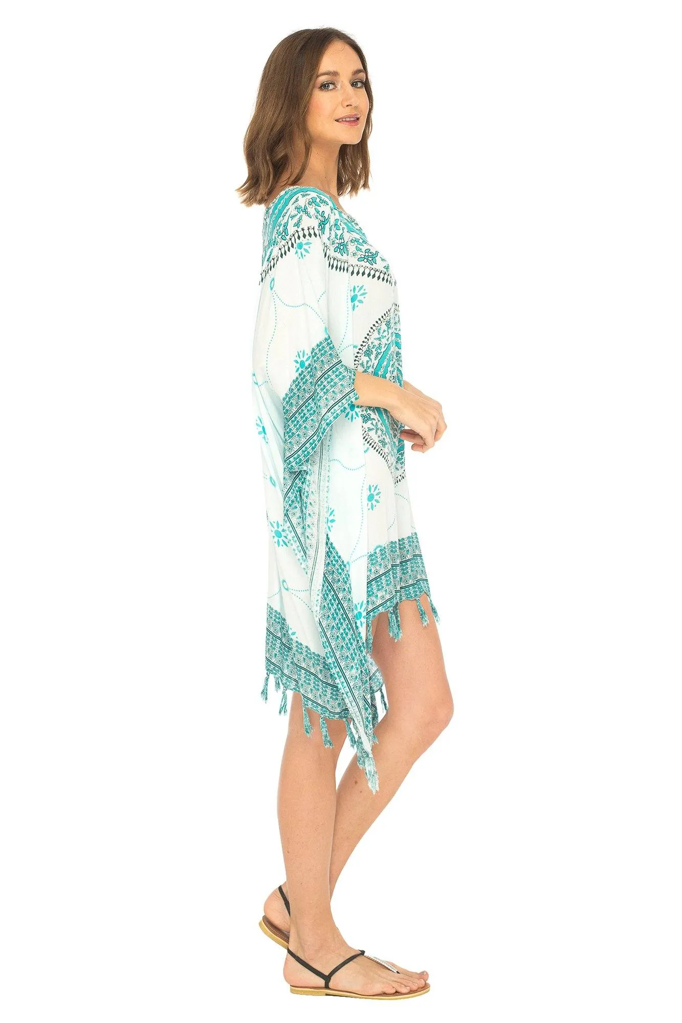 SHU-SHI Women's Short Poncho Beach Dress - Ethnic Mandala Cover-Up Kaftan with V-Neck and Sequins