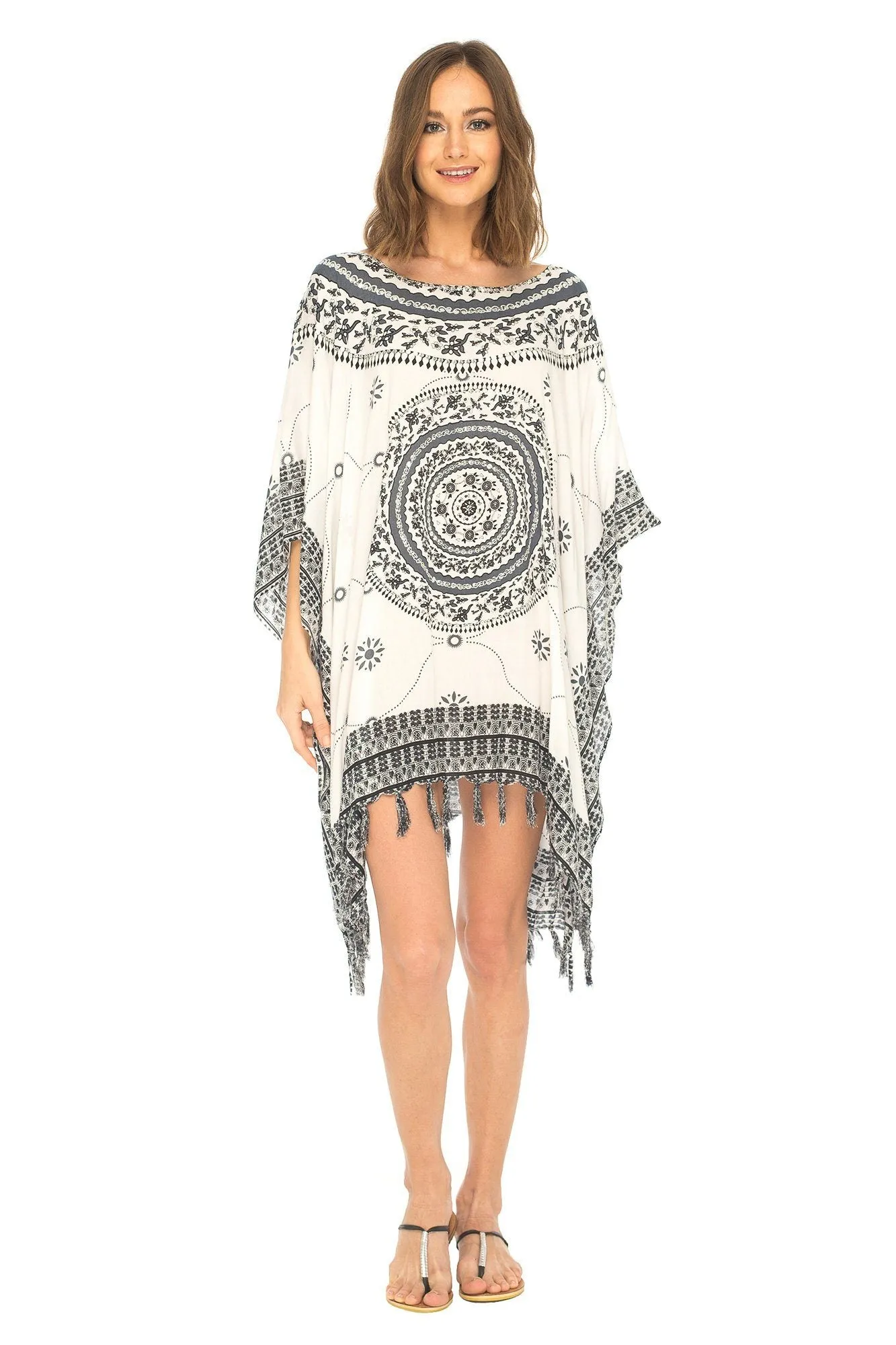 SHU-SHI Women's Short Poncho Beach Dress - Ethnic Mandala Cover-Up Kaftan with V-Neck and Sequins