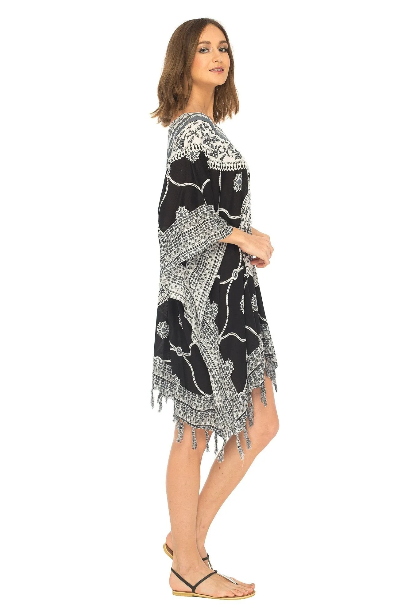 SHU-SHI Women's Short Poncho Beach Dress - Ethnic Mandala Cover-Up Kaftan with V-Neck and Sequins