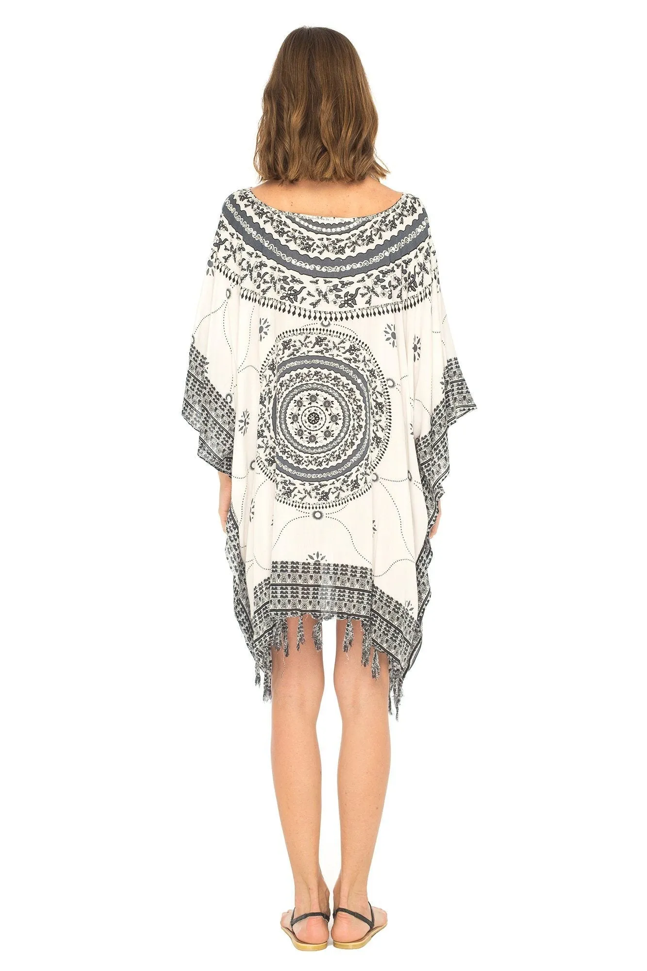 SHU-SHI Women's Short Poncho Beach Dress - Ethnic Mandala Cover-Up Kaftan with V-Neck and Sequins