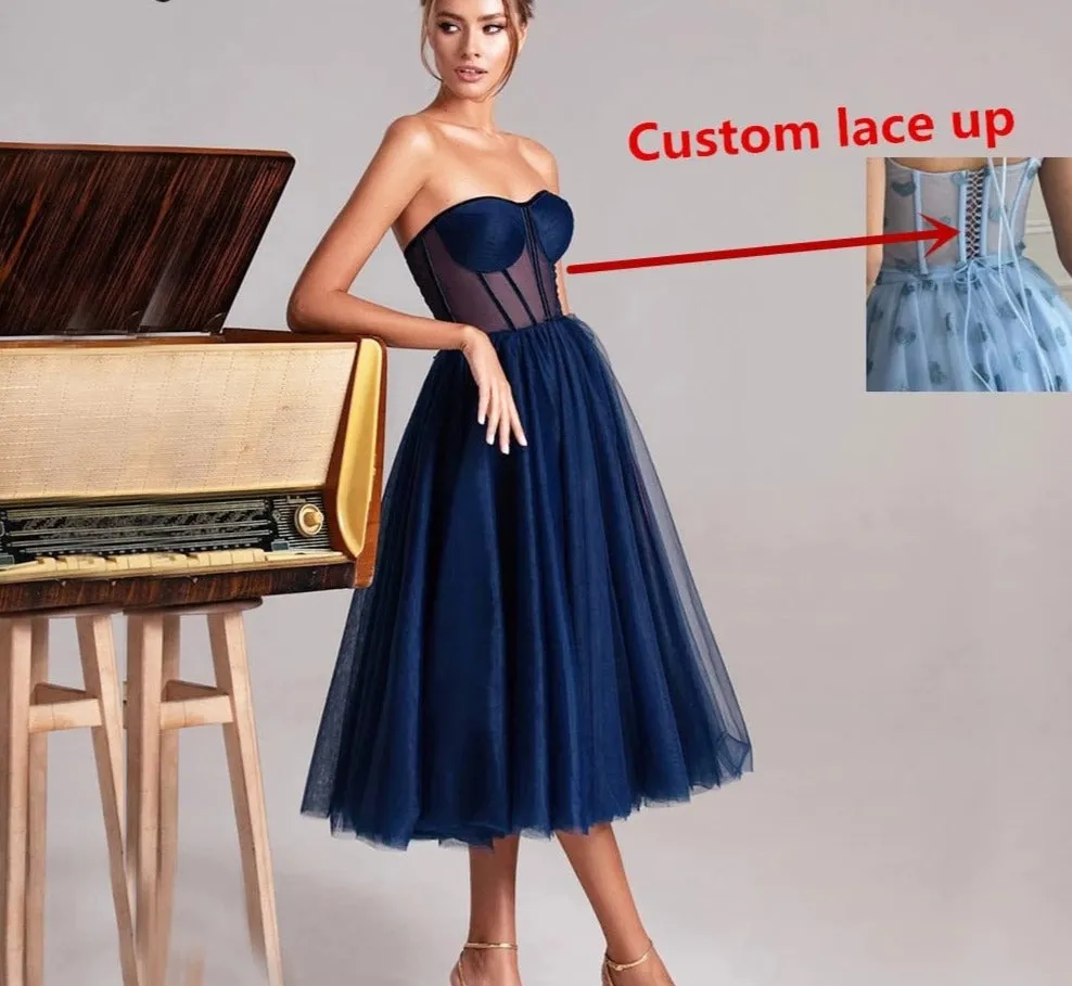 Simple Tulle A Line Short Sweetheart Sheer Corset Top Tea Length Formal Dress