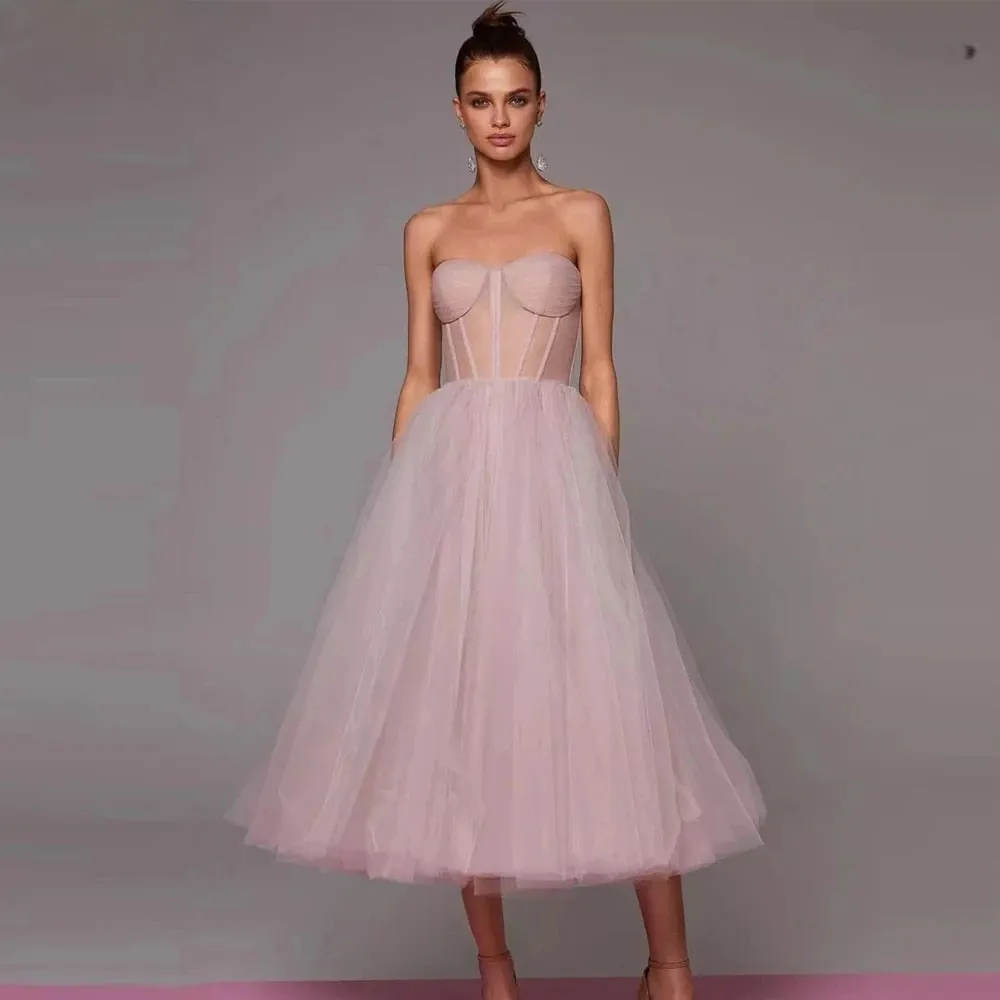 Simple Tulle A Line Short Sweetheart Sheer Corset Top Tea Length Formal Dress