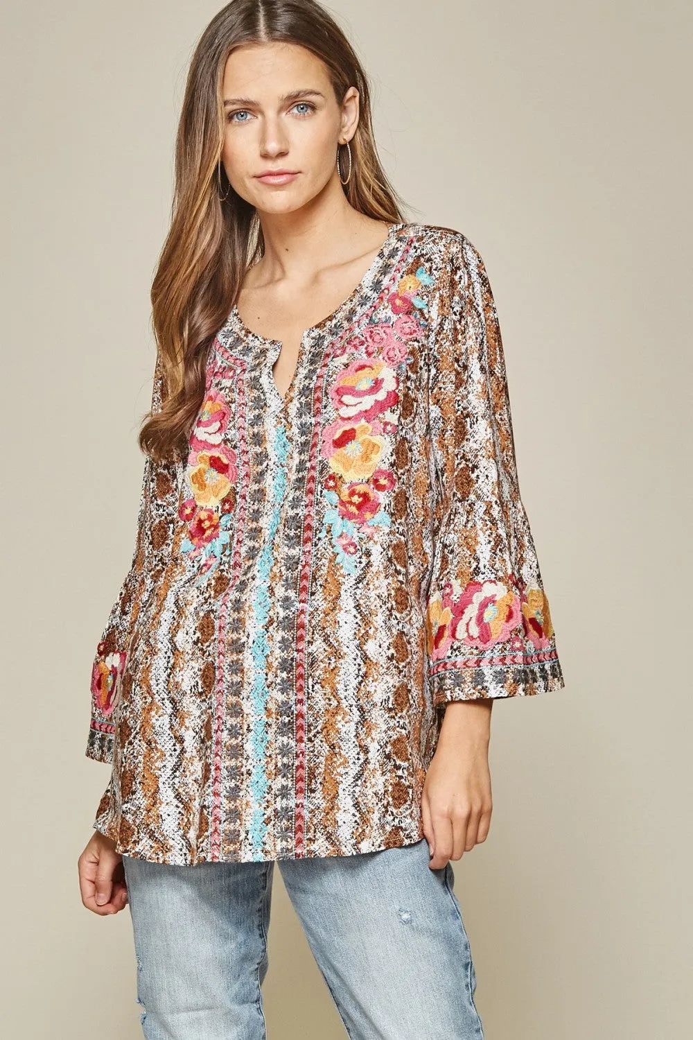 Snake Print Embroidered Top, Mocha