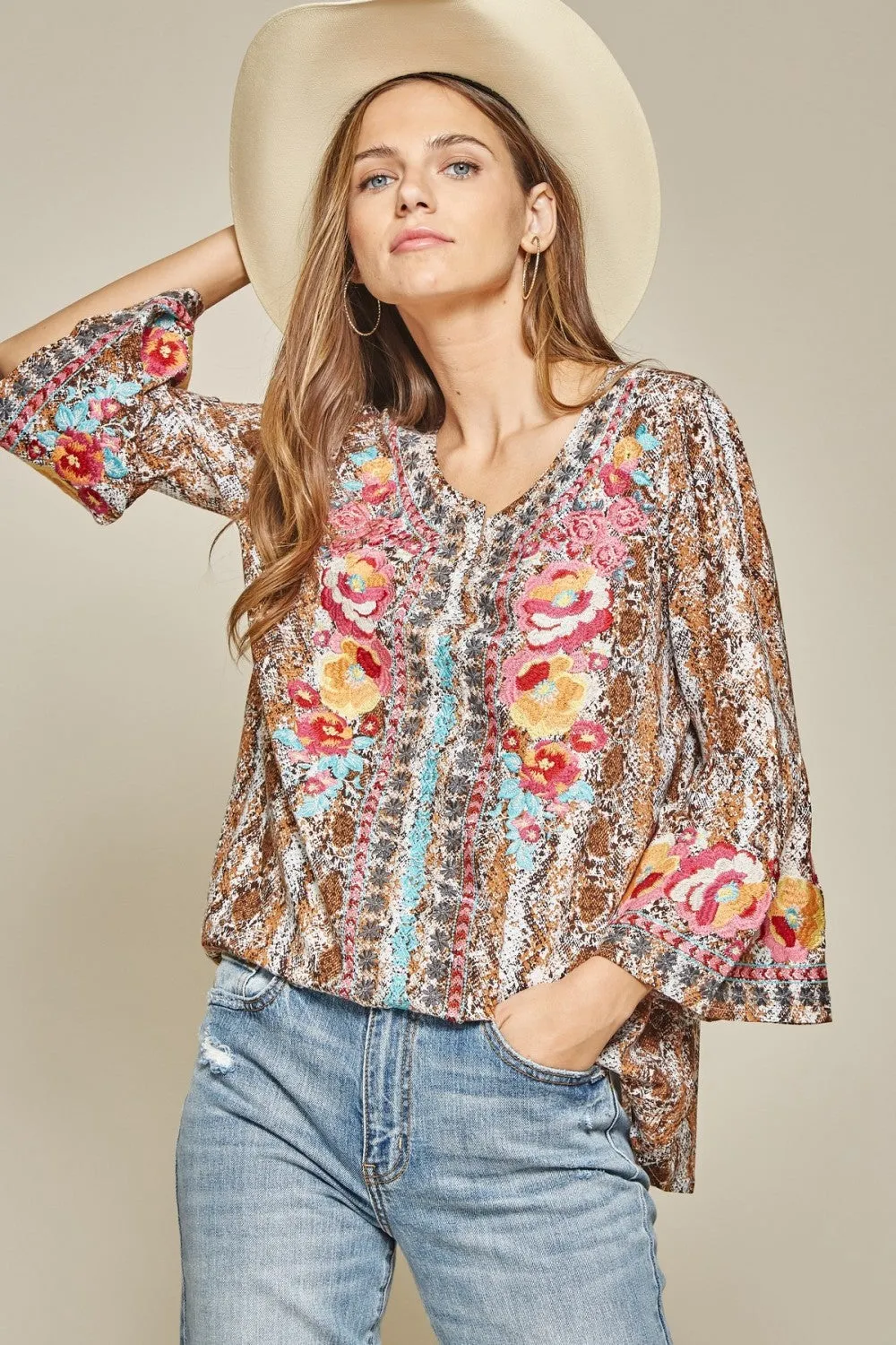 Snake Print Embroidered Top, Mocha