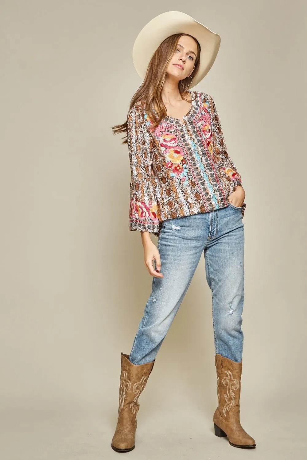 Snake Print Embroidered Top, Mocha