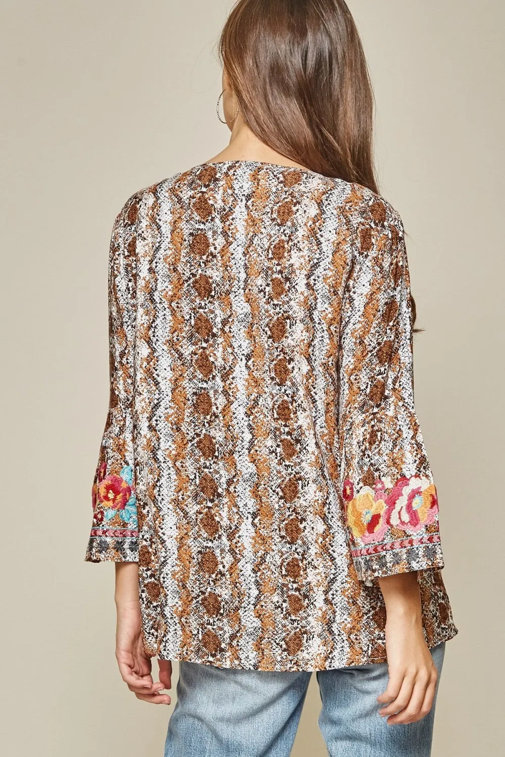 Snake Print Embroidered Top, Mocha