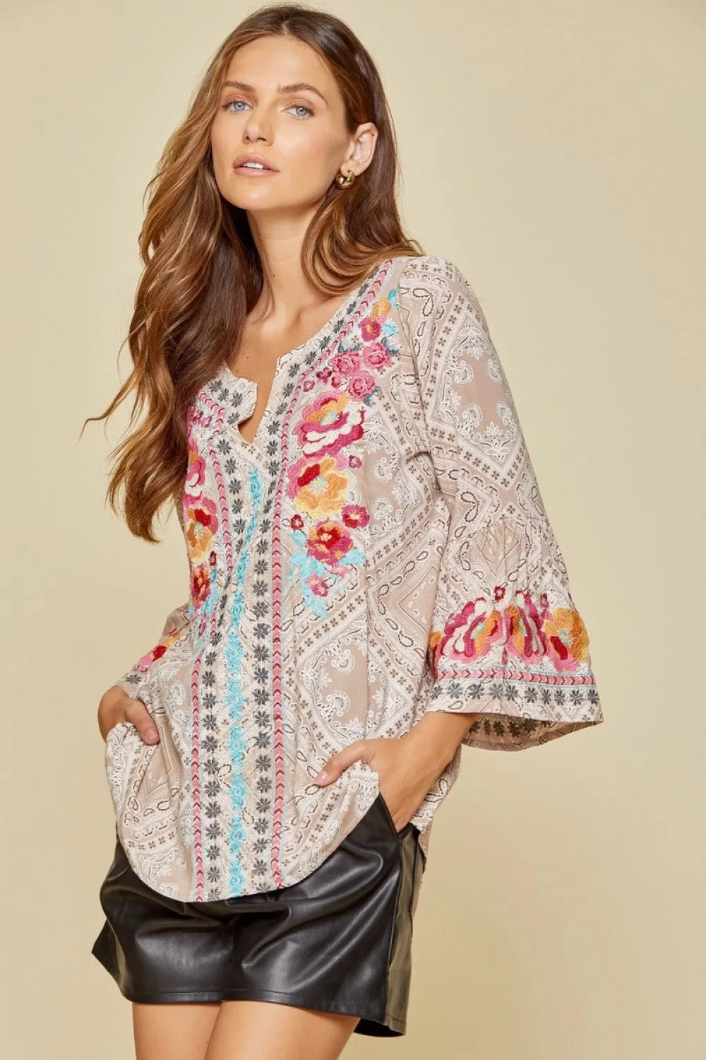 South Beach Embroidered Bandana Top, Taupe