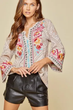 South Beach Embroidered Bandana Top, Taupe