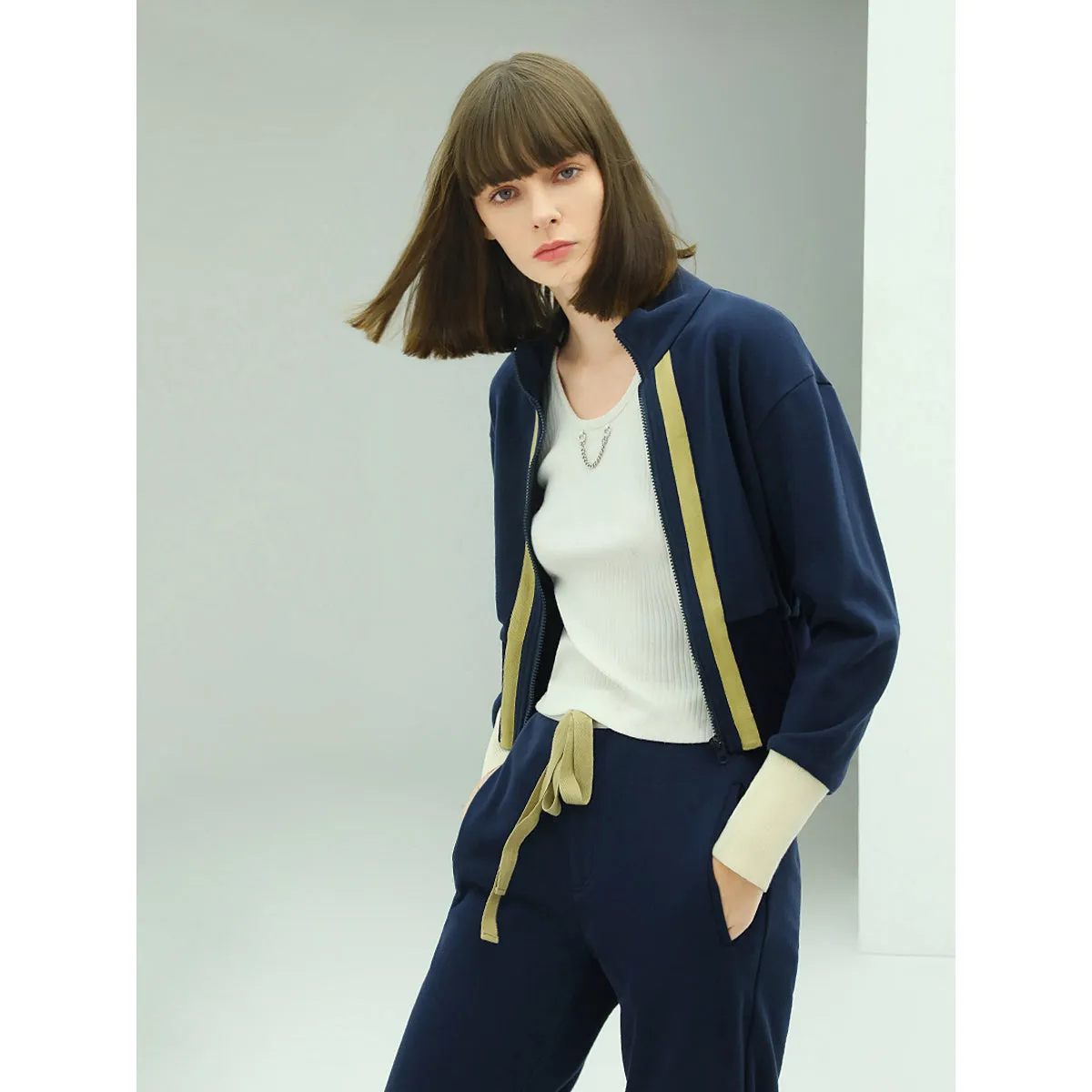 Sporty Contrast Striped Navy Cotton Jacket