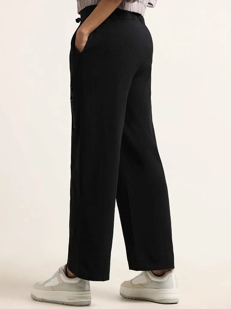 Studiofit Solid Black Wide Leg Track Pants