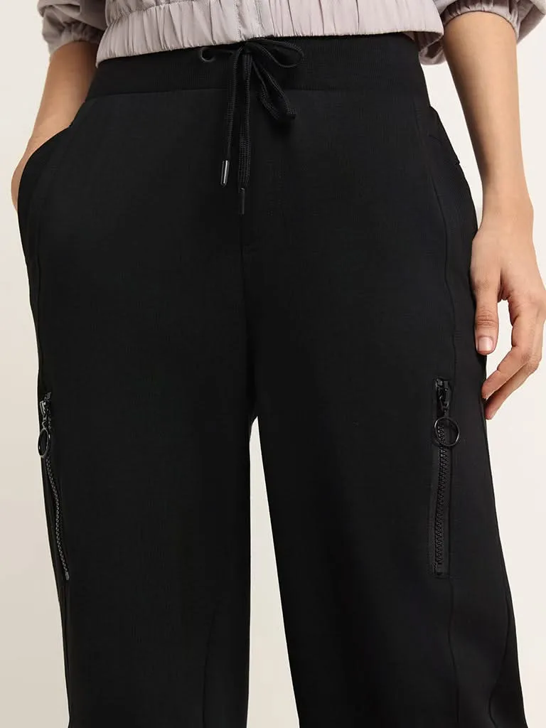 Studiofit Solid Black Wide Leg Track Pants