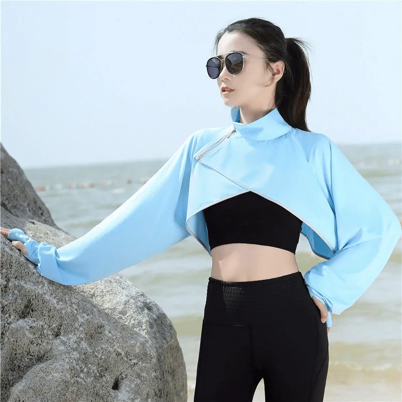 Sun Protection Asymmetric Cropped Women's Jacket with Wide Sleeves - SF1436