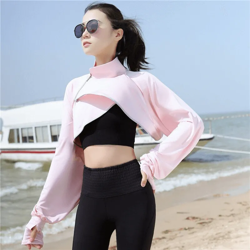 Sun Protection Asymmetric Cropped Women's Jacket with Wide Sleeves - SF1436