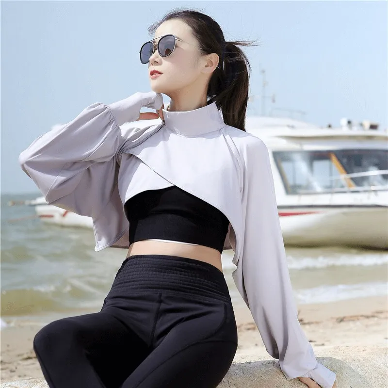 Sun Protection Asymmetric Cropped Women's Jacket with Wide Sleeves - SF1436