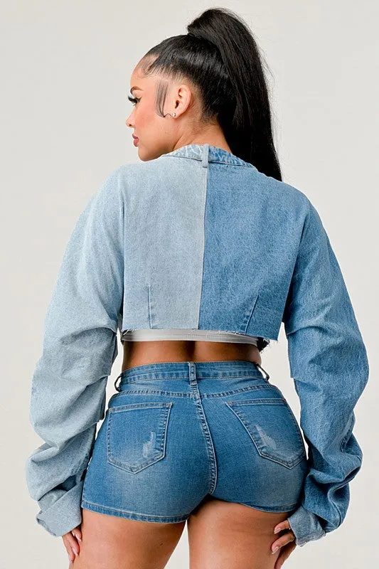 TEEK - Denim Patched X-Contrast Top