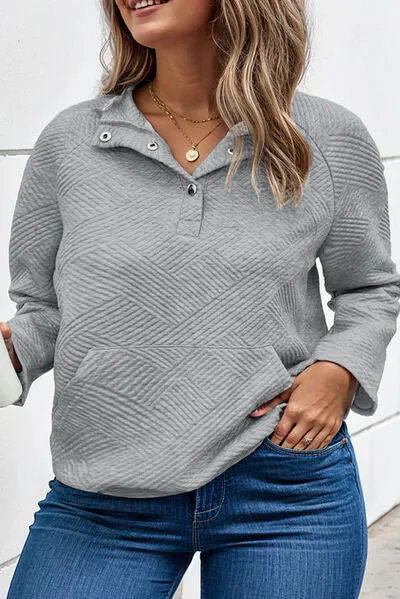 TEEK - Plus Size Charcoal Texture Half Snap Sweatshirt