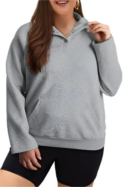 TEEK - Plus Size Charcoal Texture Half Snap Sweatshirt