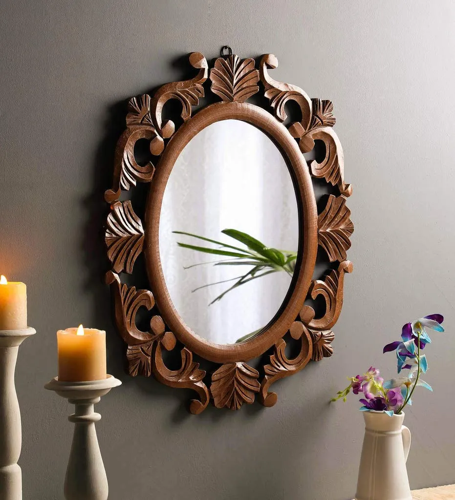 THE URBAN STORE Decorative & Hand Crafted Wooden Oval Shape Vanity Wall Mirror for Living Room, Bathroom, Bedroom (24x20) Inches