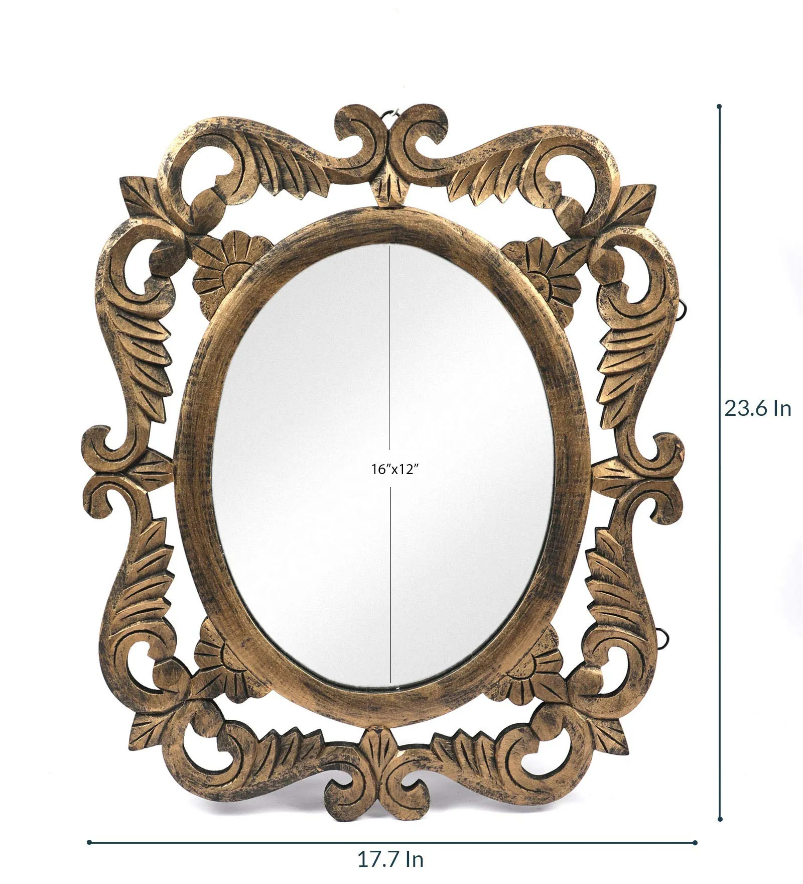 THE URBAN STORE Decorative Hand Crafted Antique Gold Finish Wooden Oval Shape Vanity Wall Mirror for Living Room, Bathroom, Bedroom (24x20) Inches