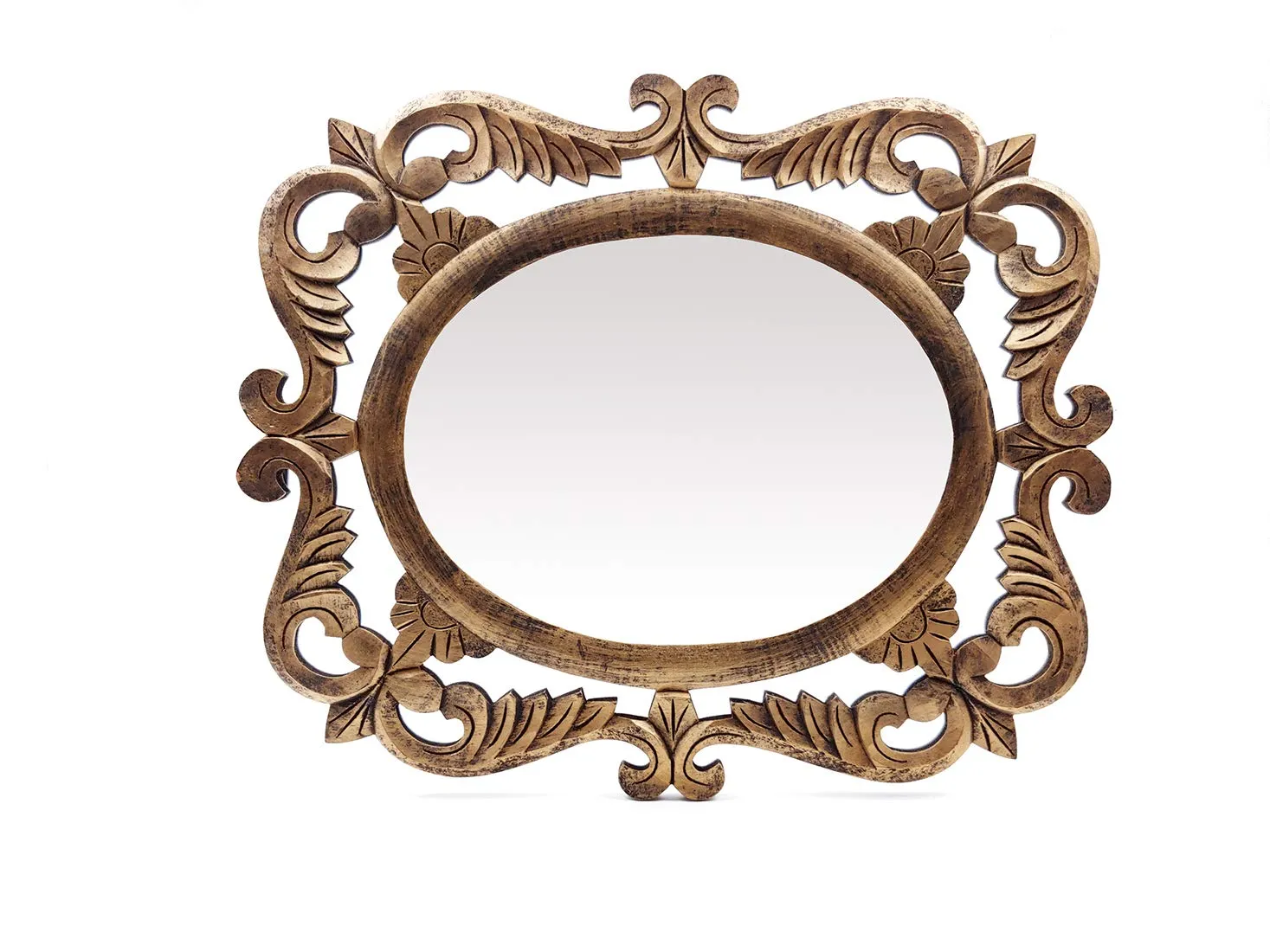 THE URBAN STORE Decorative Hand Crafted Antique Gold Finish Wooden Oval Shape Vanity Wall Mirror for Living Room, Bathroom, Bedroom (24x20) Inches