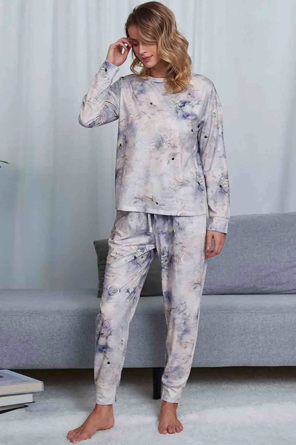 Tie-Dye Crewneck Top and Drawstring Waist Joggers Lounge Set