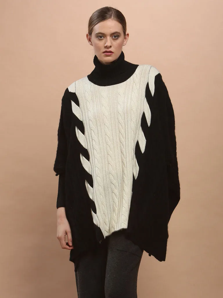 Two-Tone Braided Turtleneck Poncho