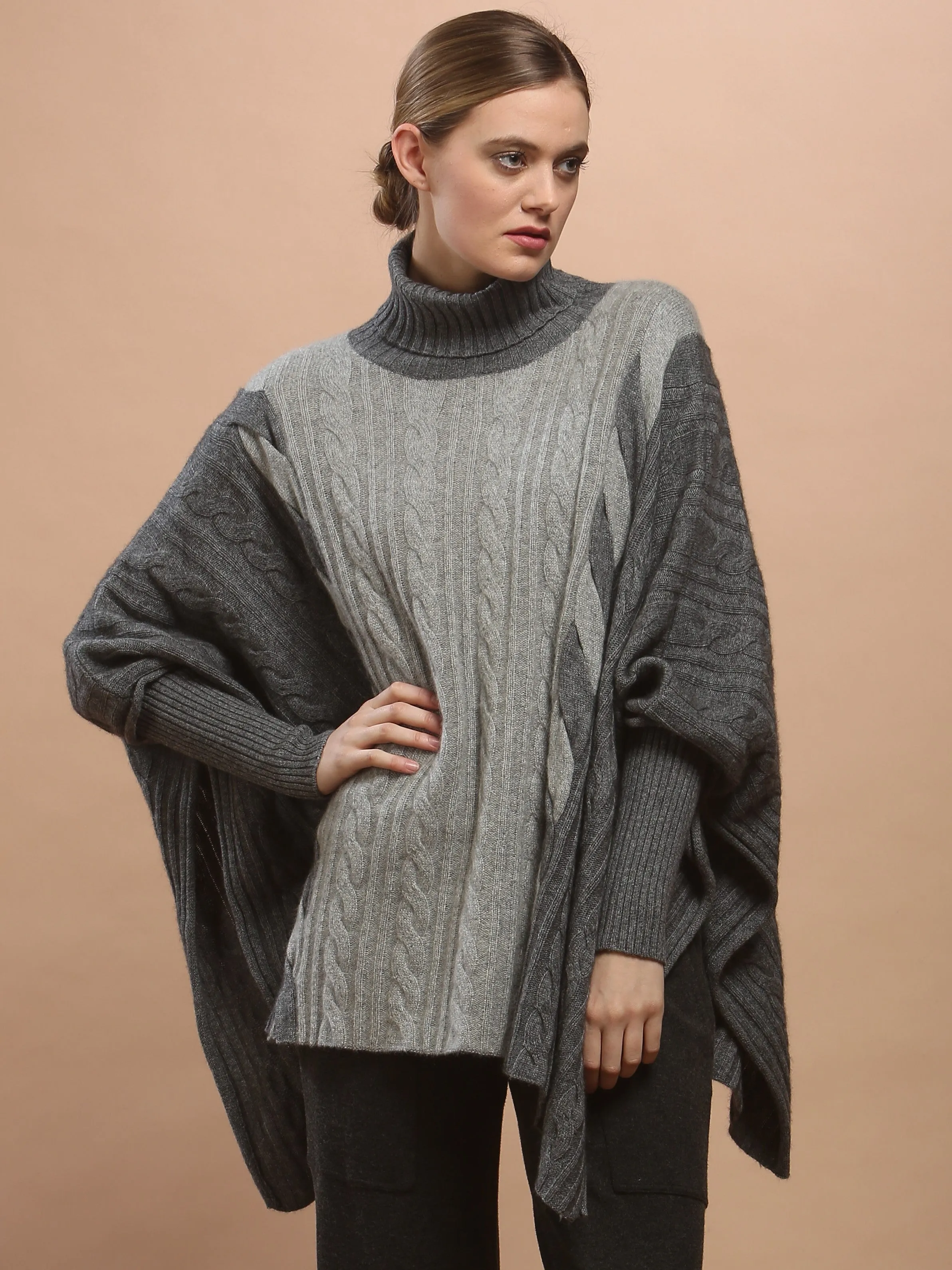 Two-Tone Braided Turtleneck Poncho