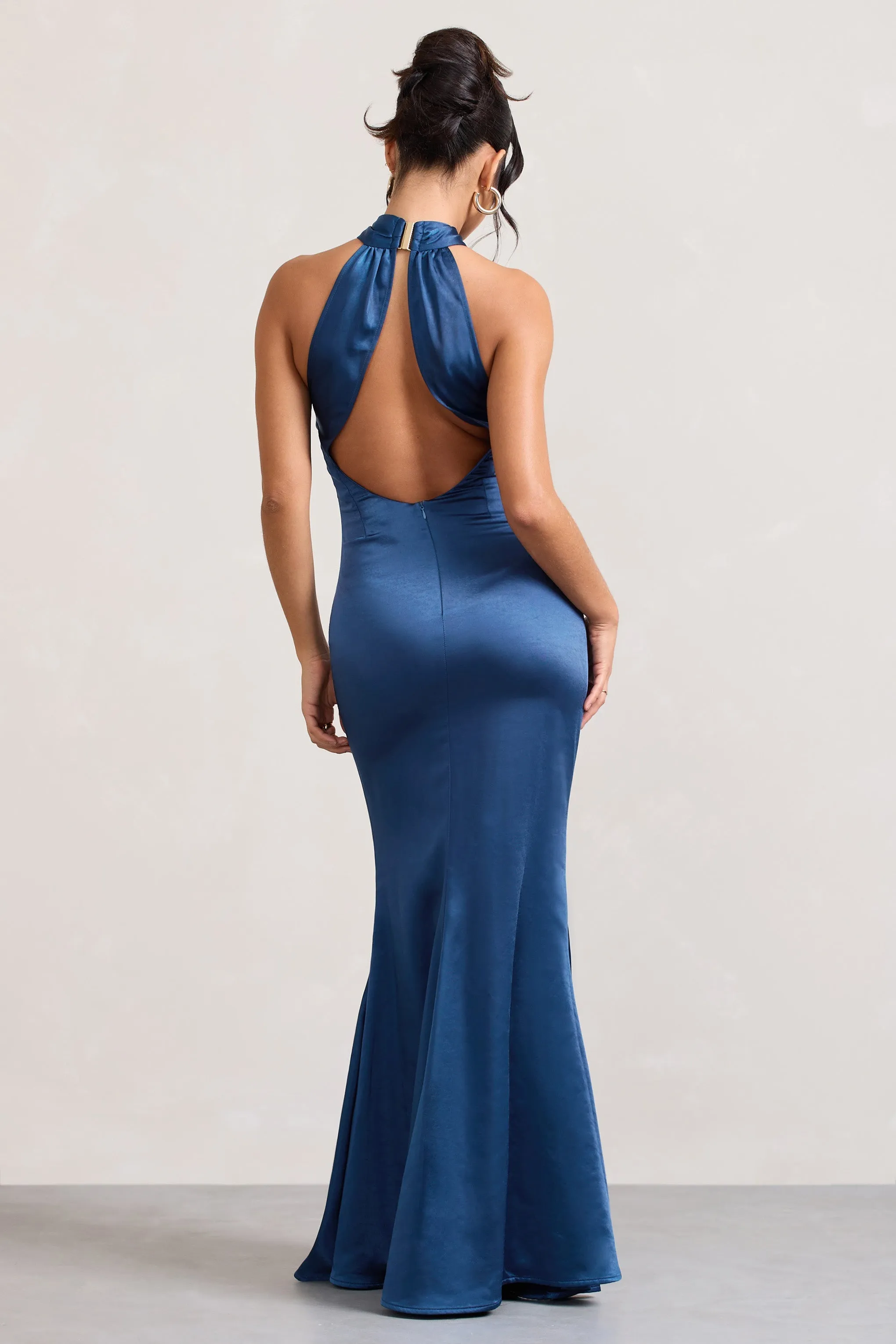 Unstoppable | Navy Satin Cross Over Halterneck Maxi Dress