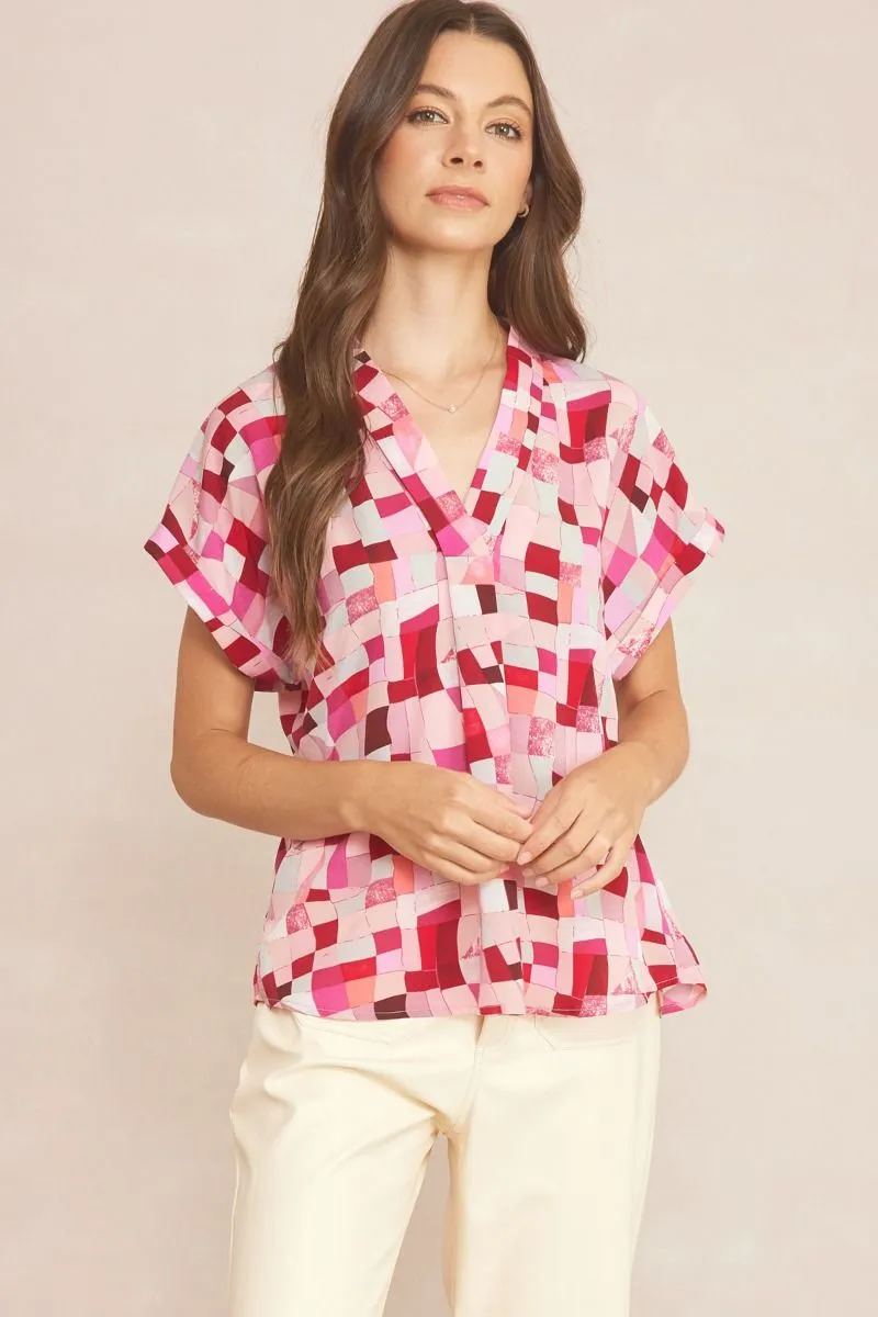 V-Neck Short Sleeve Blouse, Berry Mix