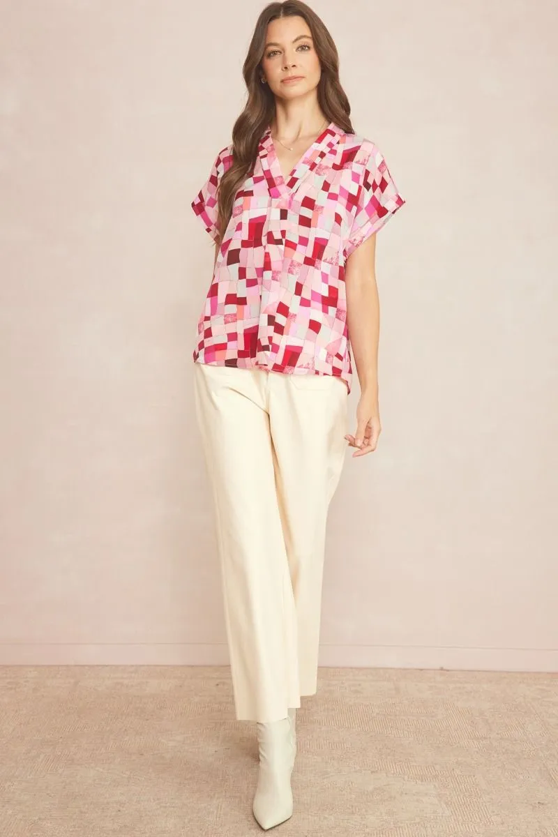 V-Neck Short Sleeve Blouse, Berry Mix