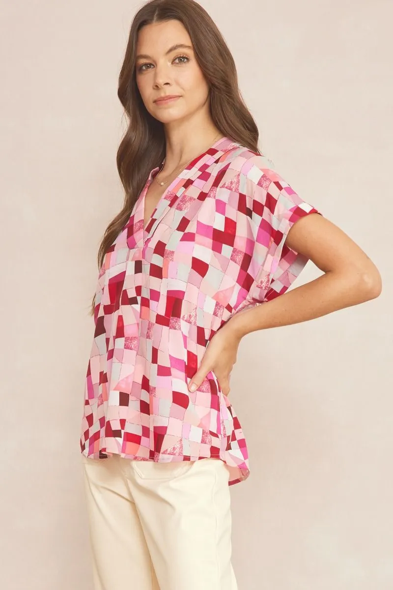 V-Neck Short Sleeve Blouse, Berry Mix