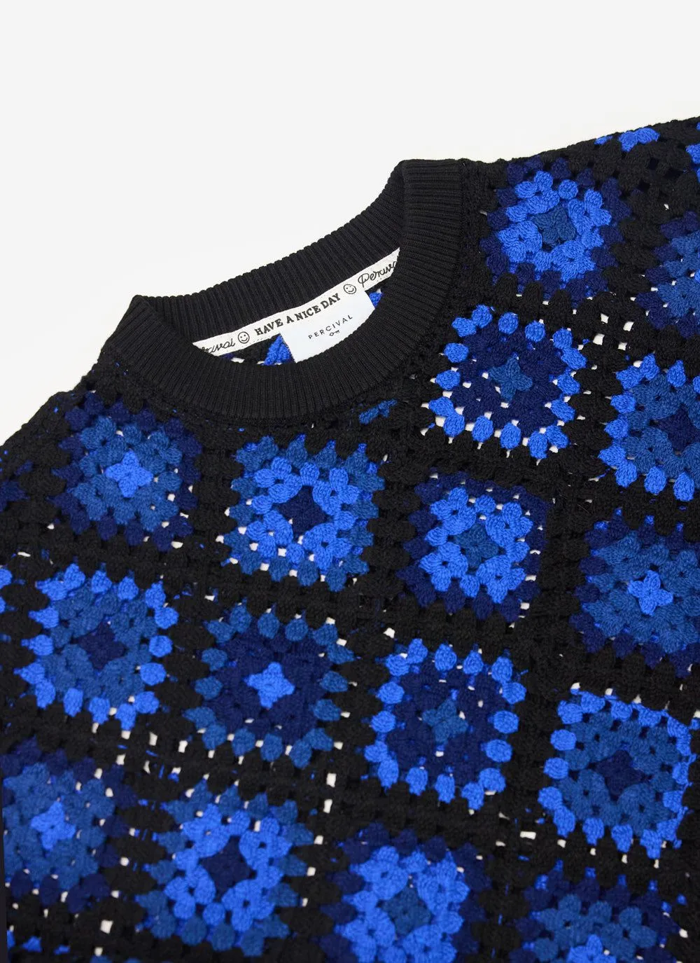 Verso Crochet Knitted Crew Neck Jumper | Organic Cotton | Indigo