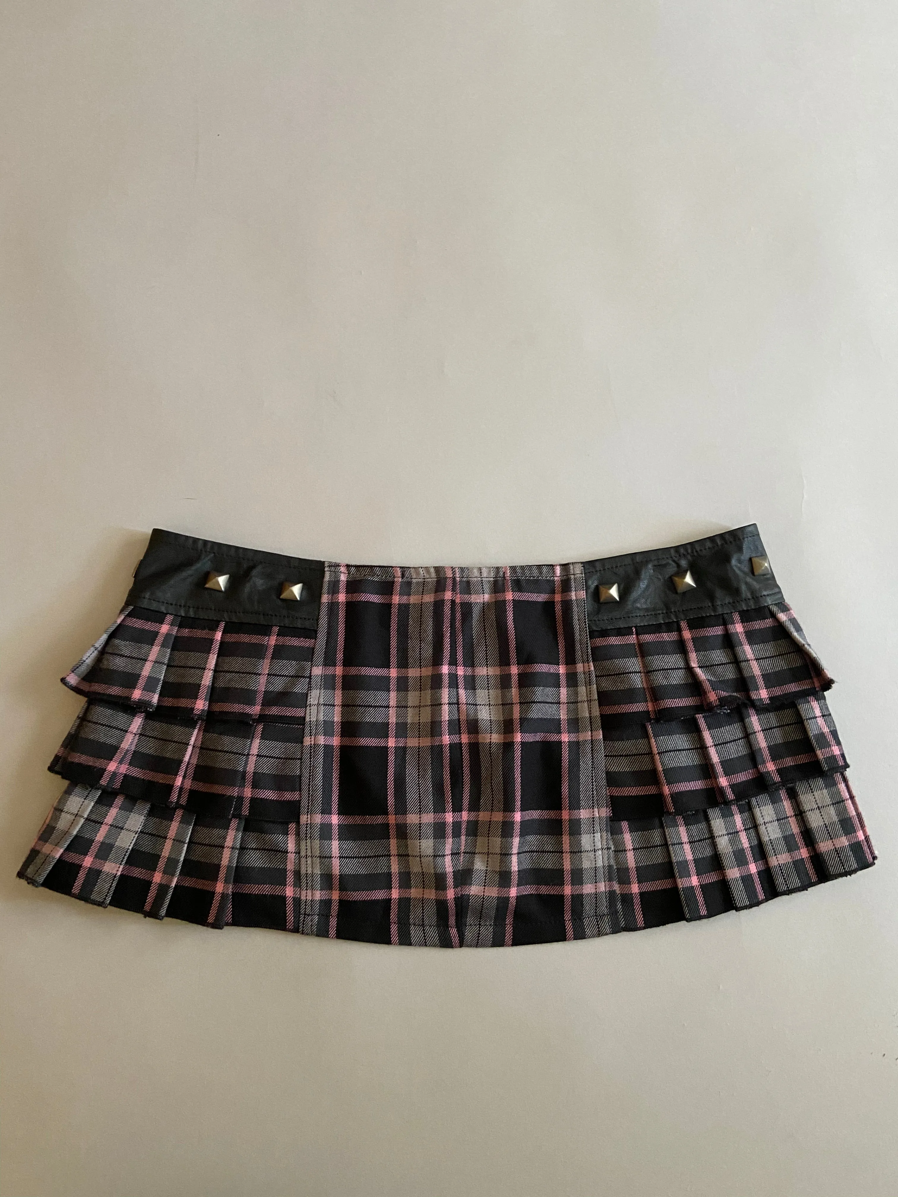 Vintage Lip Service Coated Black and Pink Plaid Peated Hem Micro Mini.