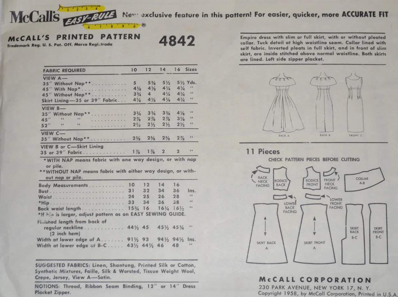 Vintage McCall's 4842 1950s dress pattern 32B