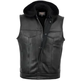 VL914H Vance Leather Zipper and Snap Closure Leather Motorcycle Club Vest with Hoodie