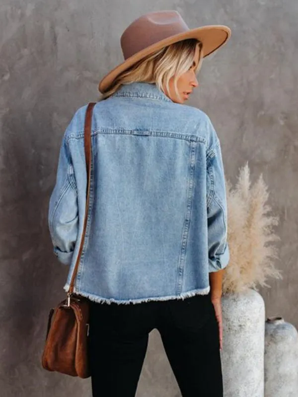 Wenkouban-Winter outfits ideas Denim jacket women street trendy loose raw edge cropped jacket