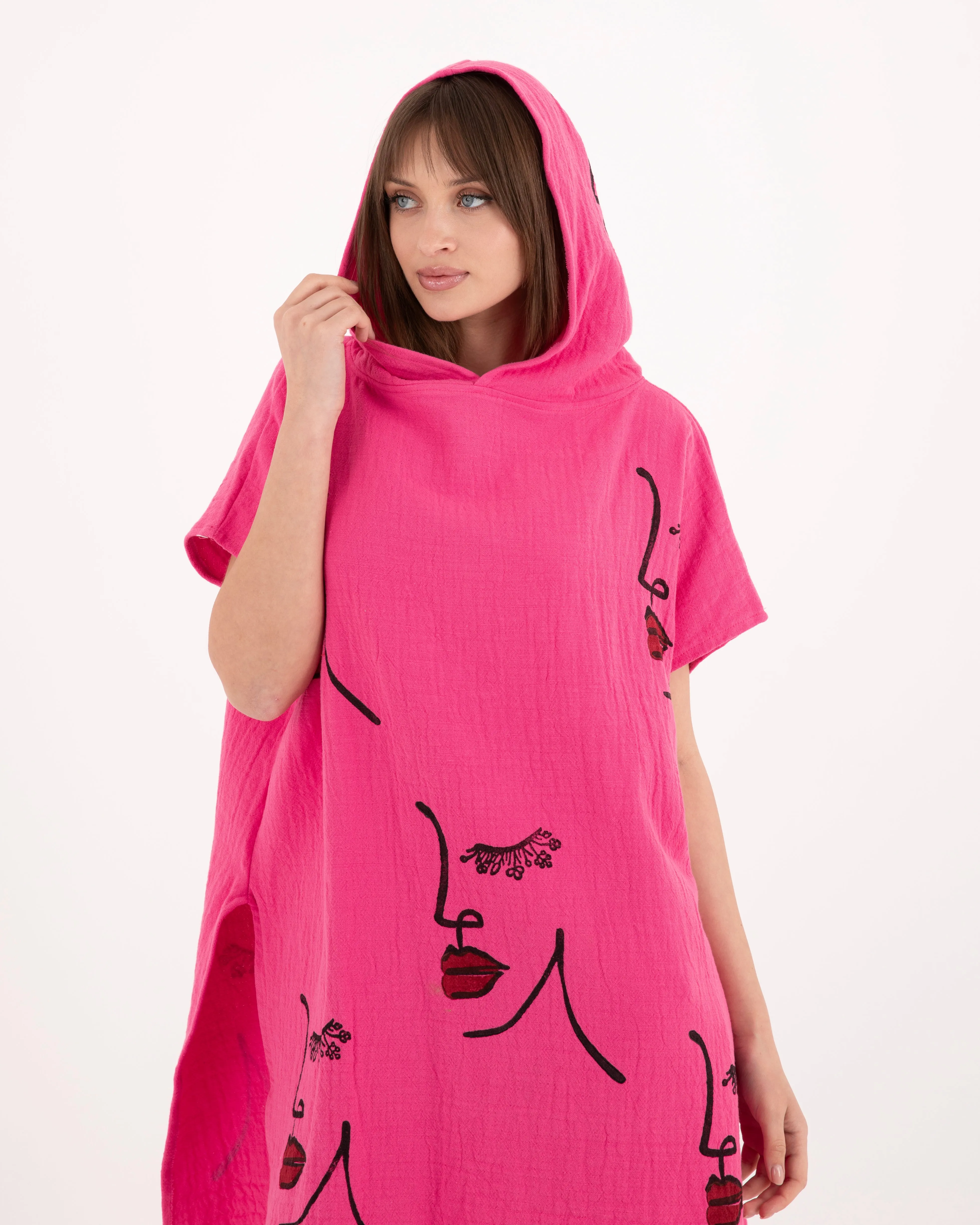 Woman Face Pattern Pink Poncho