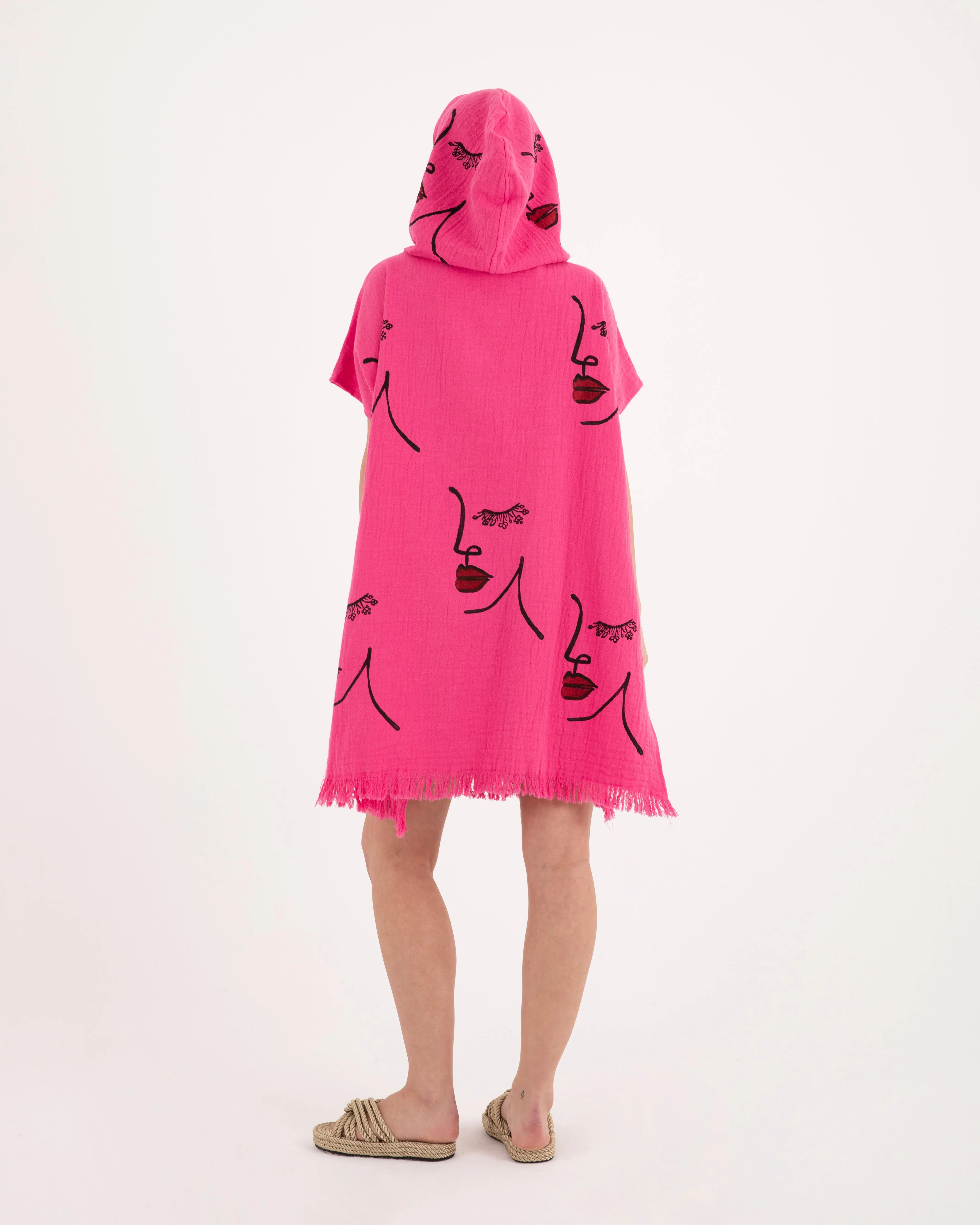 Woman Face Pattern Pink Poncho